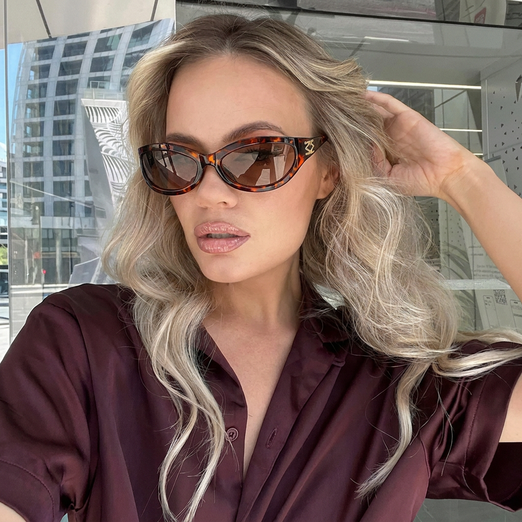 Sterling Tortoise Brown cat-eye sunglasses on model