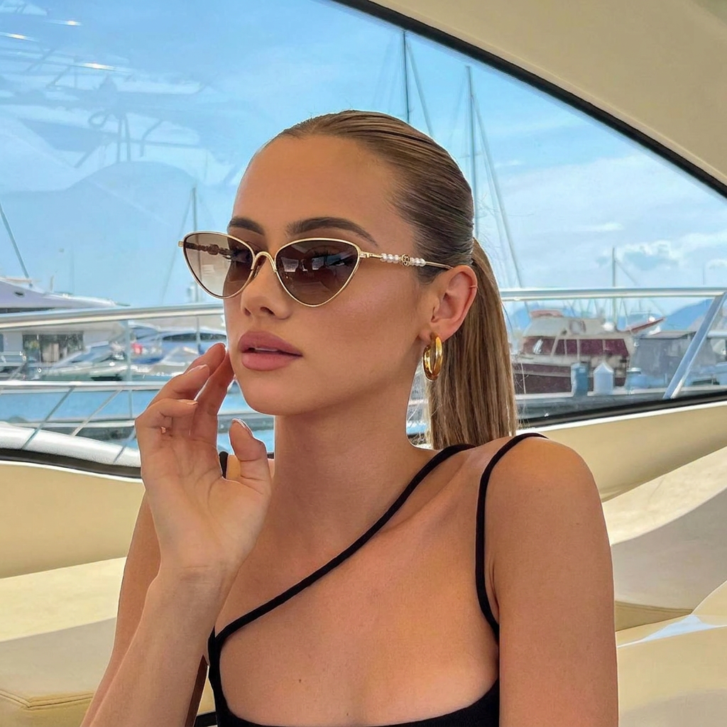 Tropic Gold Brown cat-eye sunglasses on model