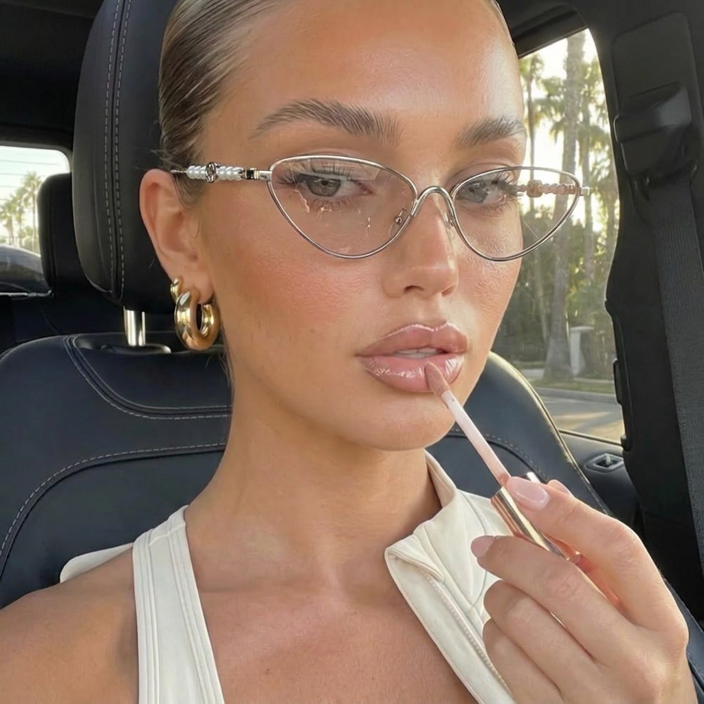 Tropic Silver Blue Pink Gradient cat-eye sunglasses on model