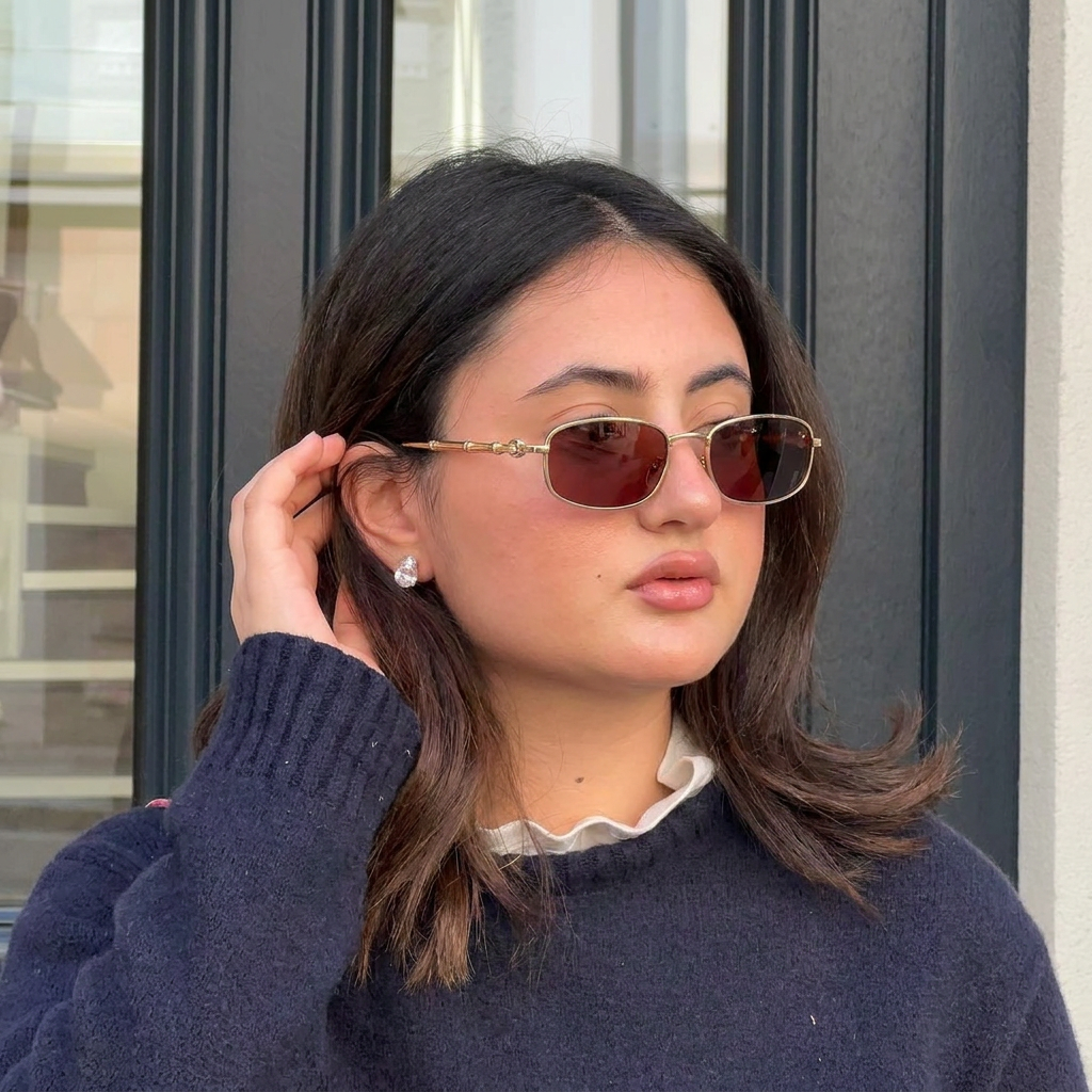 Valor Gold Red rectangle sunglasses on model
