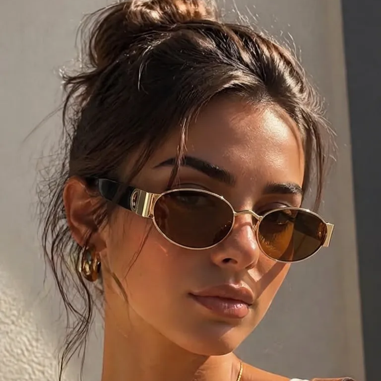Zephyr Gold Brown oval sunglasses on model