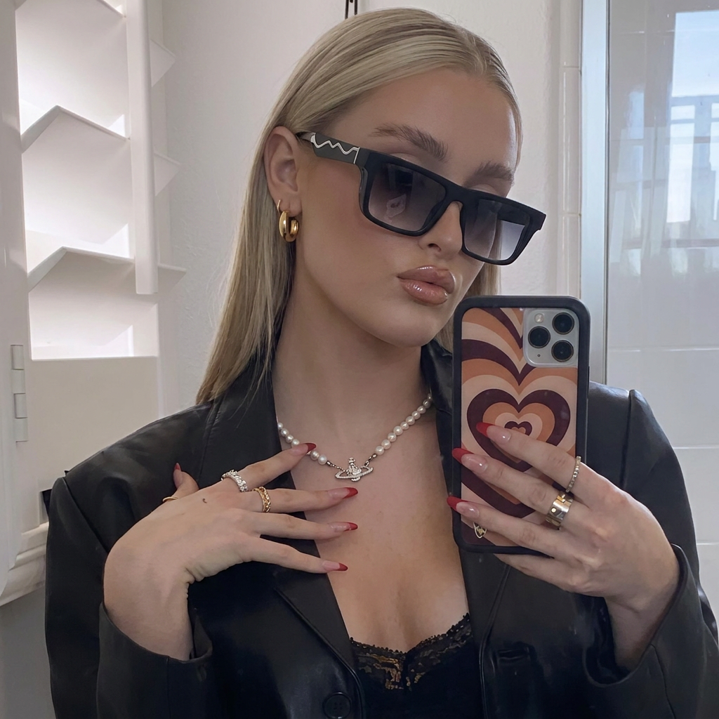 Zero Black Lavender square sunglasses on model